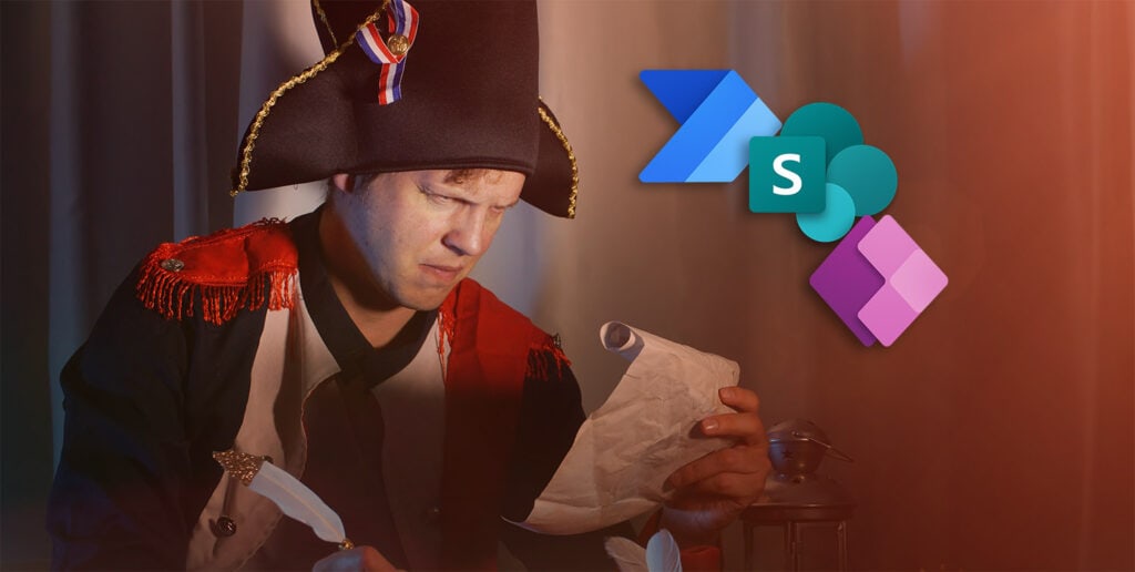 Titelbild IOZ Blog Prozessdigitalisierung: Napoleon beschriftet ein Blatt Papier von Hand und nervt sich total darüber, weil er lieber die Power Platform benutzen würde