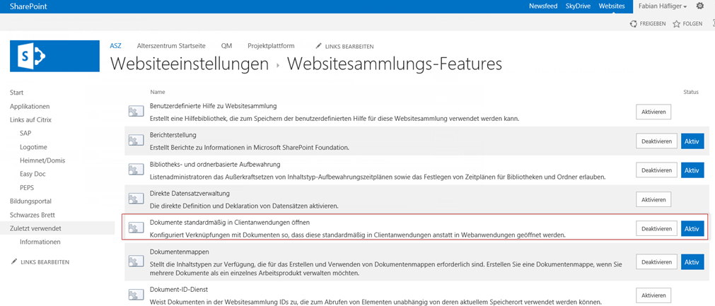 Ein Screenshot der Microsoft Office-Einstellungsseite, der die SharePoint-Integration zeigt.