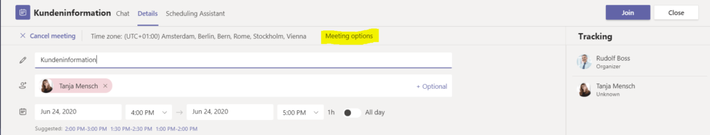 Screenshot: Im geöffneten Termin auf «Meeting Options» klicken