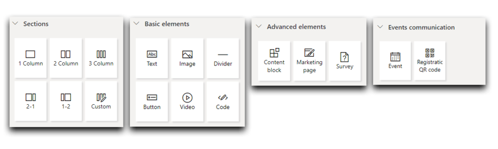 Auswahl der Inhaltsblöcke für den Mail-Editor von Dynamics 365 Marketing