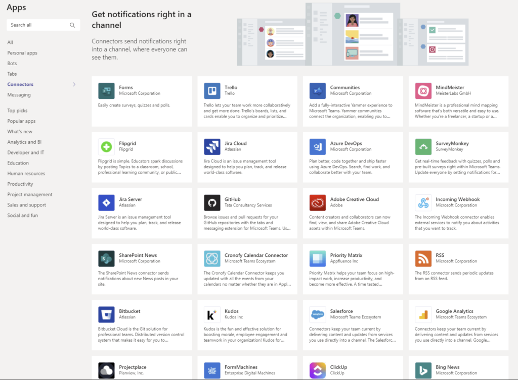 Screenshot der Auswahl an Konnektoren für Microsoft Teams