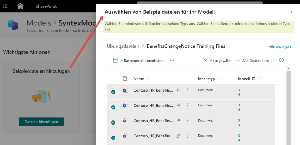 Screenshot: Dem Syntex KI-Modell Beispielsdateien zur Verfügung stellen