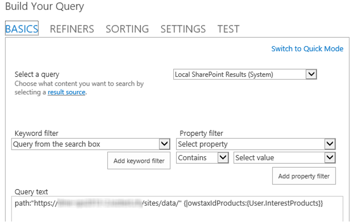 Erstellen Sie Ihre Abfrage in Azure Search, um das Content Search-WebPart zum Abrufen von Informationen basierend auf Benutzereigenschaften einzubinden.