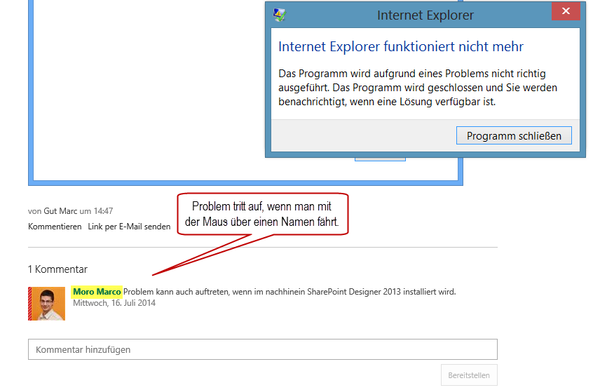 Ein Screenshot eines Internet Explorer-Fensters, bei dem ein SharePoint-Fehler auftritt, der zu einem Absturz führt.