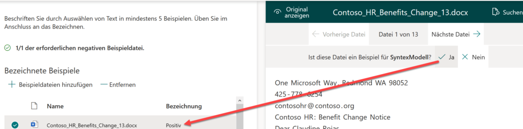 Screenshot aus Synstex: Trainingsdaten in SharePoint Syntex klassifizieren, damit das KI-Modell lernt, welches positive und welches negative Beispiele sind.