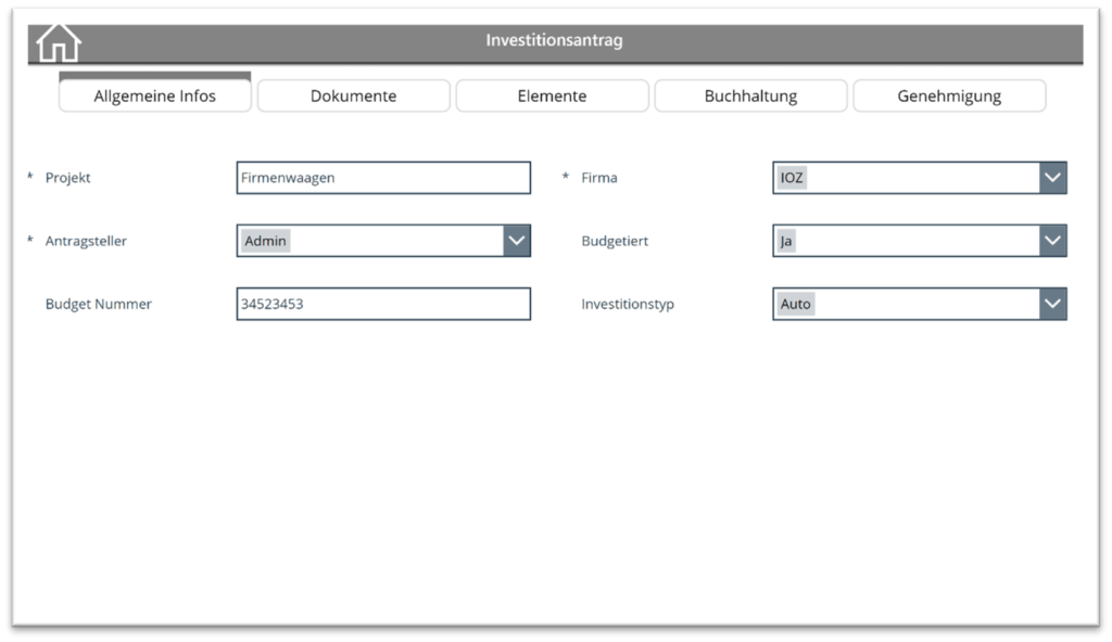 Screenshot der allgemeinen Informationen, die zum Antrag gehören: Projekt, Antragssteller, Budgetbetrag, etc.