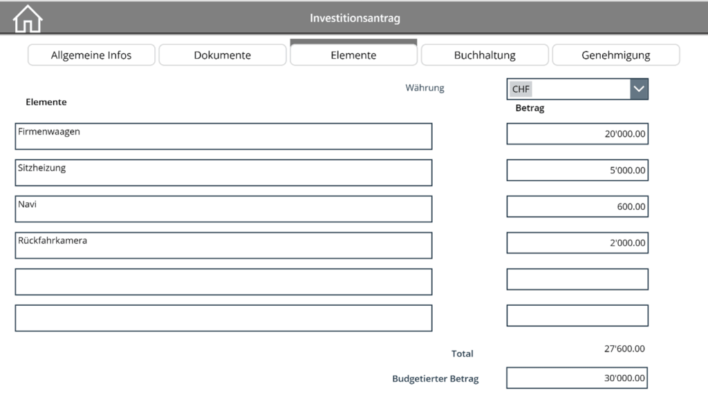 Screenshot: Auf einzelnen Zeilen können verschiedene inhaltliche Elemente des Investitionsantrages und deren Geldbeträge erfasst werden.