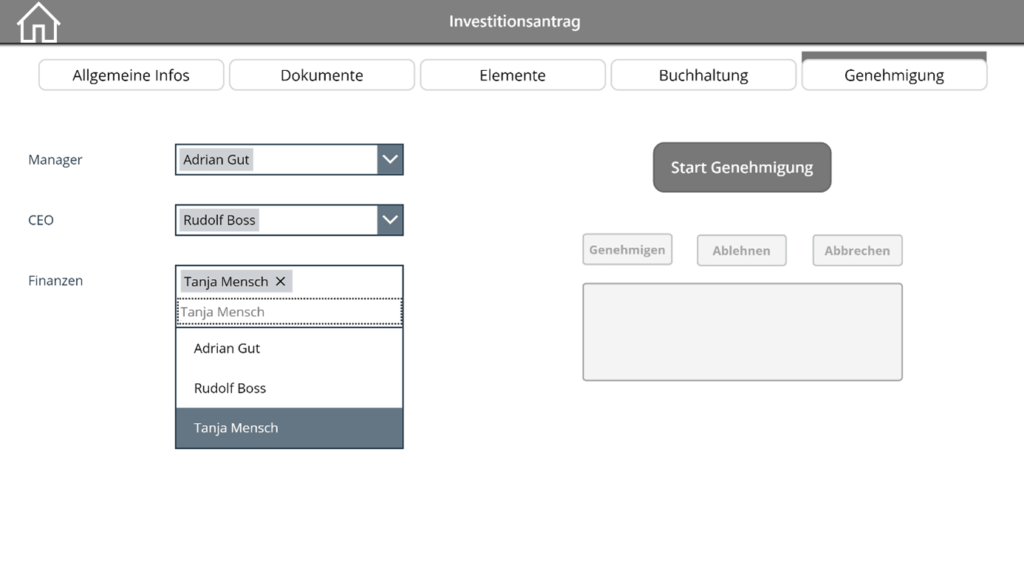 Screenshot: Felder «Manager», «CEO» und «Finanzen» für das Hinterlegen der entsprechenden Personen.