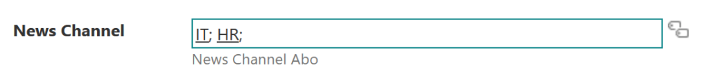 Screenshot: "IT" und "HR" sind als Werte im Feld "News Channel" eingegeben