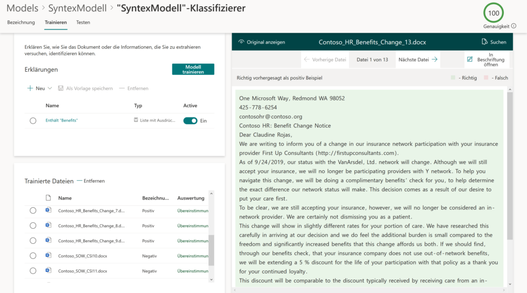 Screenshot: Syntex meldet zrück, dass 100 Prozent der Beispielsdateien erfolgreich klassifiziert wurden.
