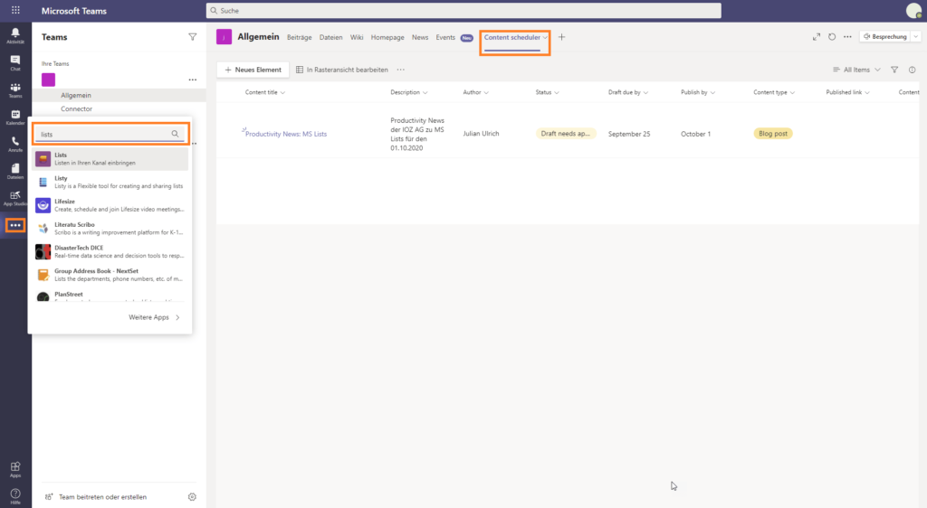 Screenshot der Integration von Microsoft Lists in Teams