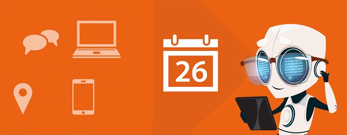         Ein orangefarbener Hintergrund mit einem Roboter, der ein Telefon und einen Kalender zum Planen von Besprechungen und Terminen hält.