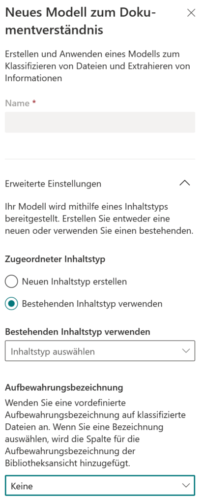 Menu für das Anlegen eines neuen Syntex Modelles: Name eingeben, Inhaltstyp festlegen und Aufbewahrungsrichtlinie definieren.