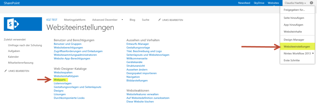 Ein Screenshot des SharePoint 2013-Website-Builders mit Einbindung von OWA-Webparts.