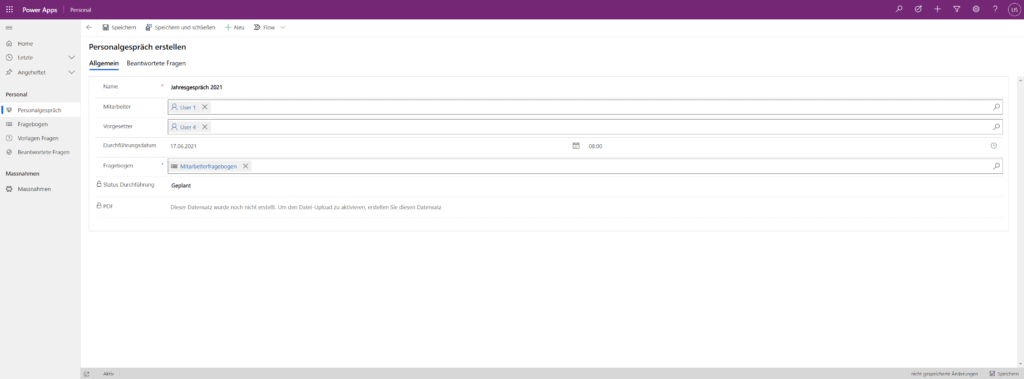 Screenshot: Personalgespräch im modellgesteuerten App erfassen