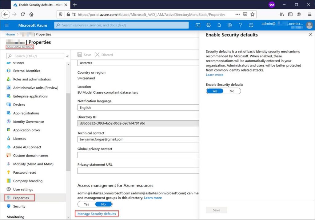 Die Aktivierung von MFA kann im Azure-Portal in der Azure Active Directory-Verwaltung vorgenommen werden.