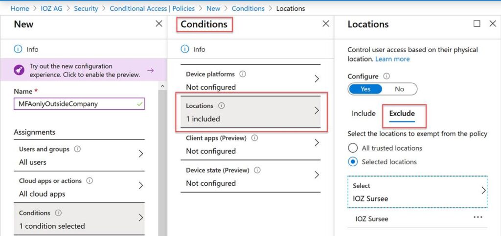 Screenshot aus dem Azure-Portal, in welchem der Systemadministrator das Firmennetzwerk als sicher definiert.