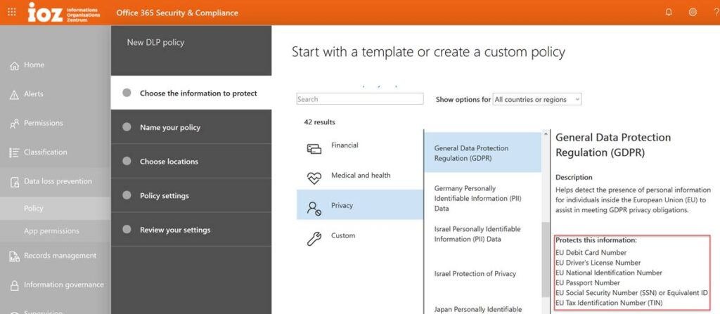 Screenshot aus dem Security & Compliance Center: erstellen einer Data loss prevention policy