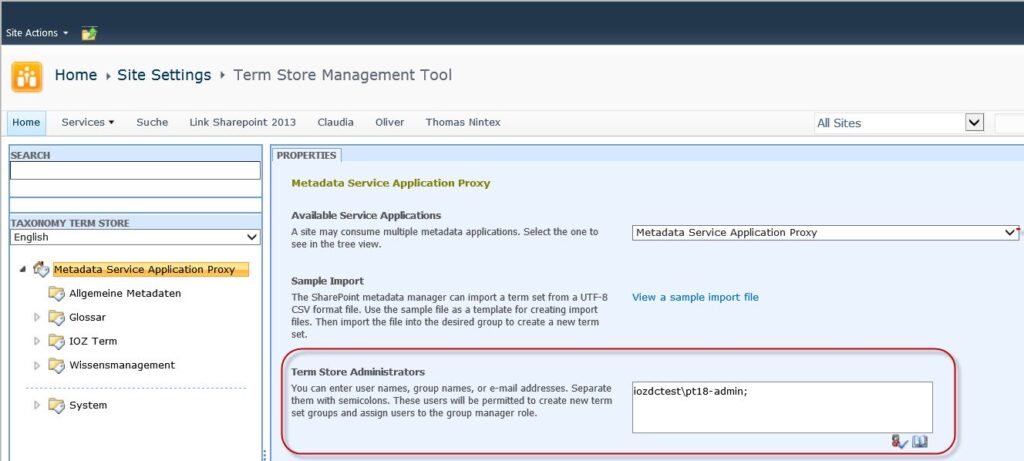 Ein Screenshot der Jobeinstellungsseite in Azure, der Office 365-Berechtigungen und Termstore-Konfiguration zeigt.