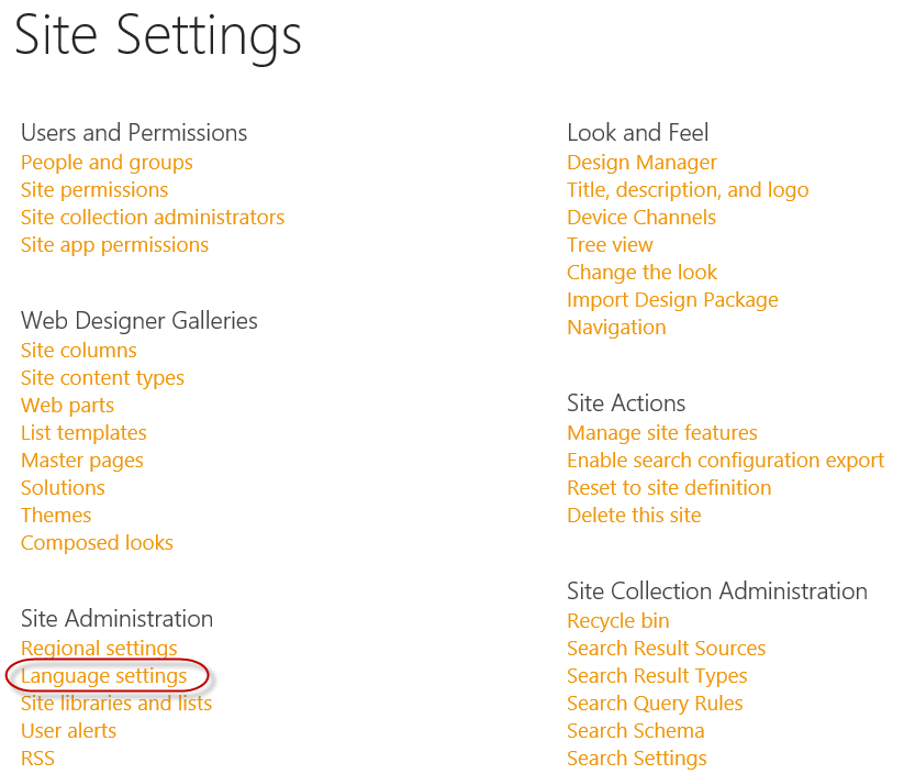         Beschreibung: Ein Screenshot der Seite mit den Websiteeinstellungen in SharePoint 2013.