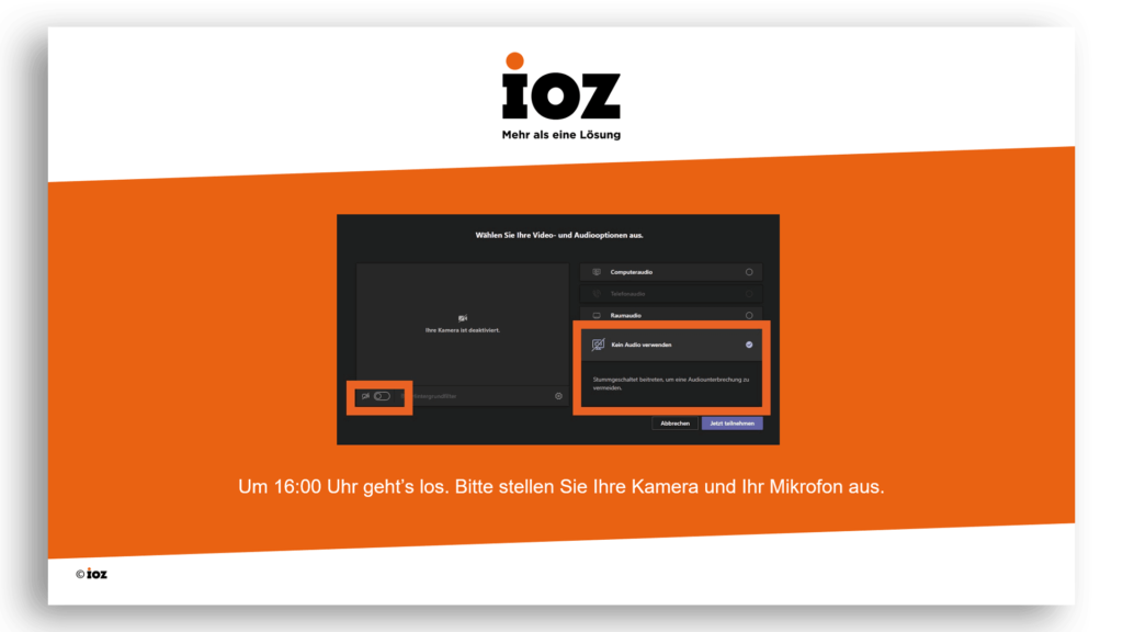 Workaround: Willkommensfolie mit Aufruf zum Ausschalten von Mikrofon und Kamera