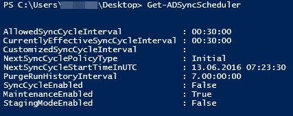 Ein Screenshot des Azure AD Connect-Planers in Windows PowerShell, der aktualisiert und synchronisiert.