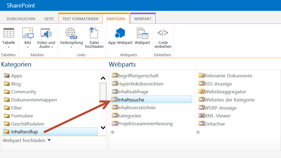 Ein Screenshot des Einstellungsmenüs in Azure, in dem Ausdruckssätze unter Content Search WebPart angezeigt werden.