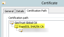 Ein Screenshot eines Zertifikatspfads, der einen SSL-Zertifikatsfehler im Geotrust Global Saas anzeigt.