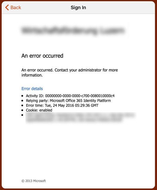 Beim Anmelden auf einem iPad ist ein Fehler aufgetreten.