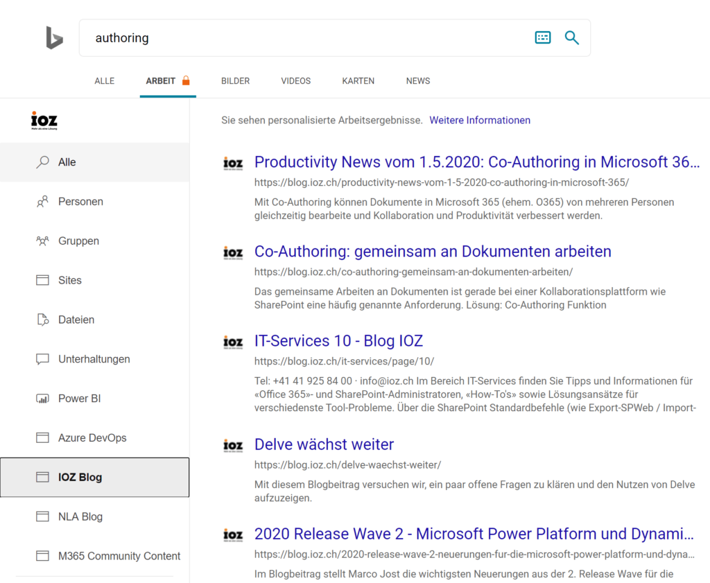 Ausgabe von Resultaten aus dem neuen Vertical in Bing