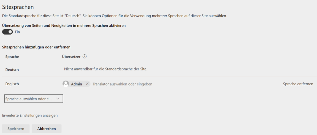 Screenshot: Spracheinstellungen auf der Communication Site