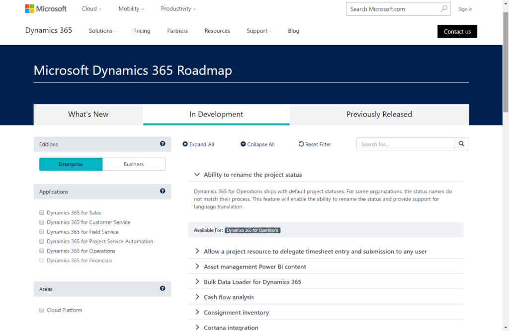 Roadmap für Auge und Dynamics 365