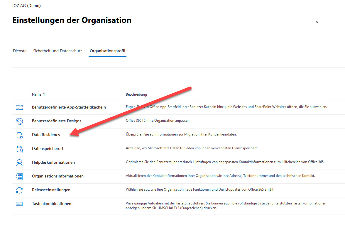 Screenshot aus dem M365-Admincenter: Unter Data Residency kann der Tenant move beantragt werden.