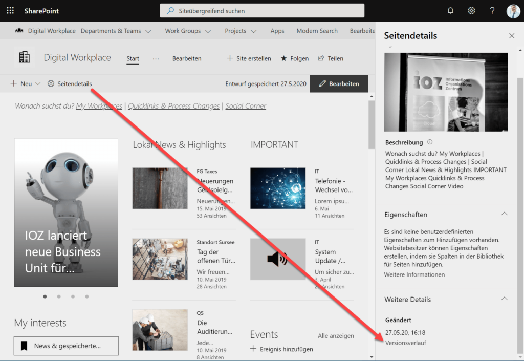 In der Command Bar kann direkt auf der jeweiligen SharePoint Online Seite der Versionsverlauf abgerufen werden