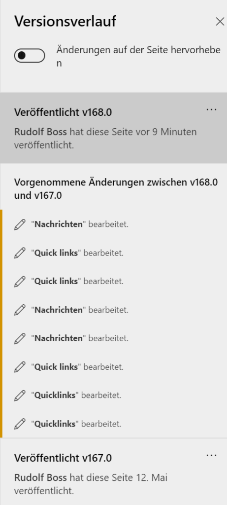 Versionsverlauf von ShearePoint Online Seiten einsehen: Änderungen werden versioniert und können im Detail nachvollzogen werden
