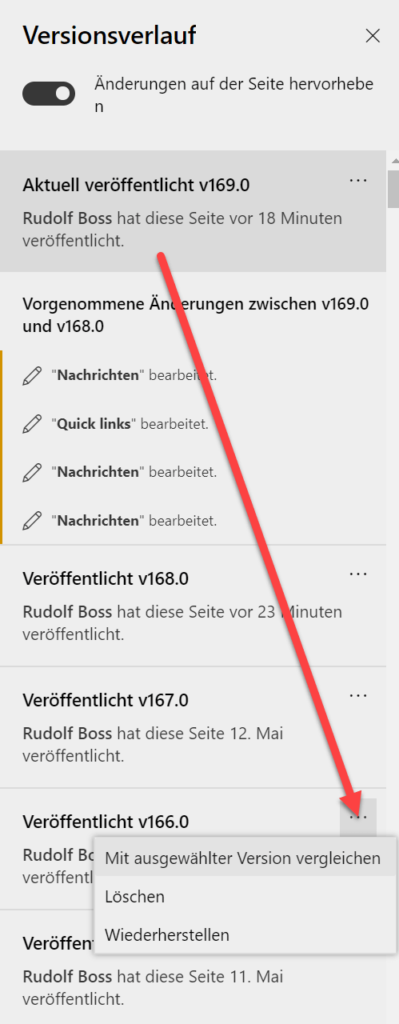 Verschiedene Versionen von Seiten lassen sich in SharePoint Online einfach miteinander vergleichen.