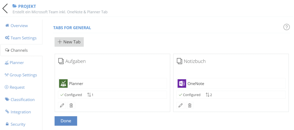 Screenshot: Microsoft Teams Channel & Tabs Konfiguration