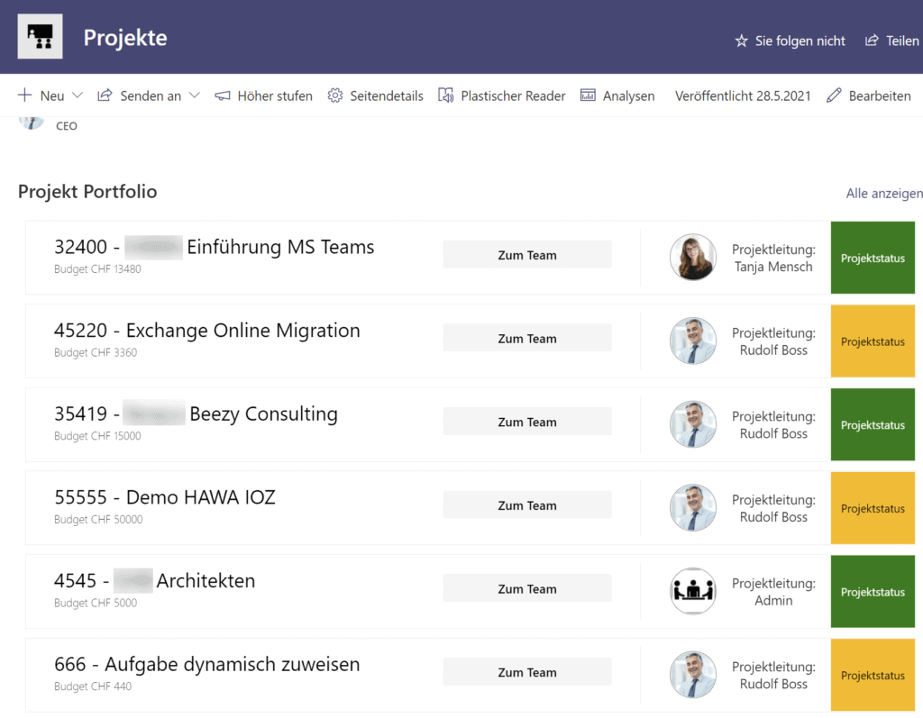 Screenshot: SharePoint Integration als Dashboard / Projektportfolio