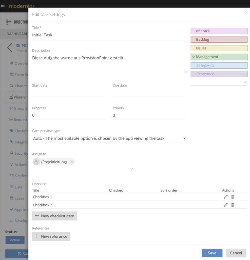 Screenshot: Planner Konfiguration mit dynamischer Taskzuweisung