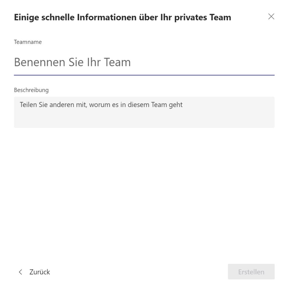 Screenshot Teams Standard Formular