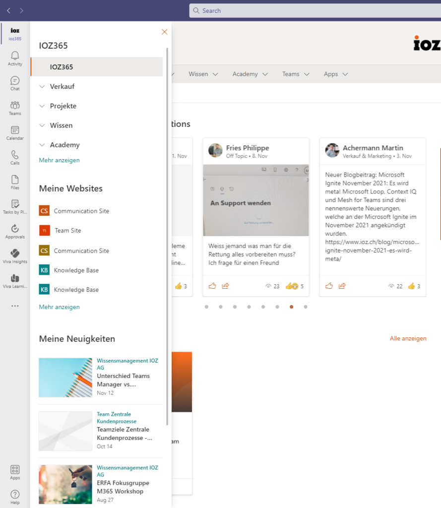 Die Intranet-Startseite «IOZ365» direkt und prominent in MSFT Teams eingebunden