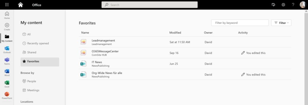 Screenshot: My content im persönlichen office.com Portal