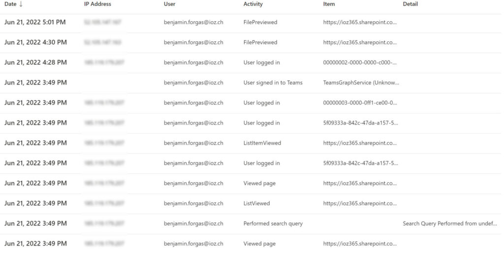 Microsoft Purview Screenshot von Nutzeraktivitäten