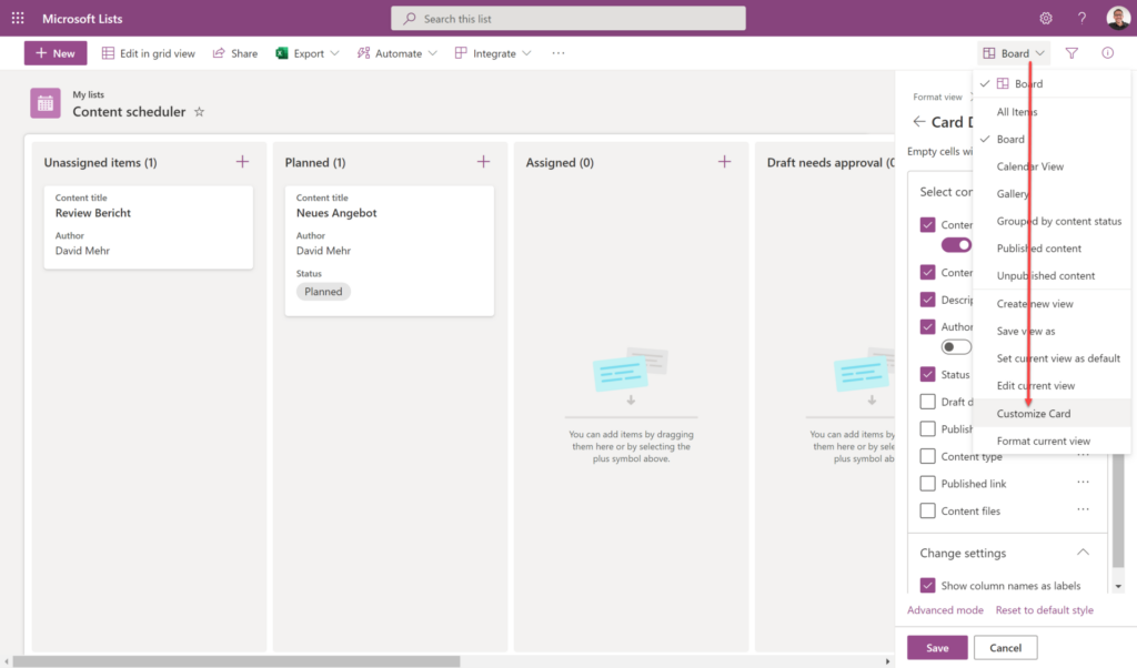 Microsoft Lists Board Ansicht und Card Designer