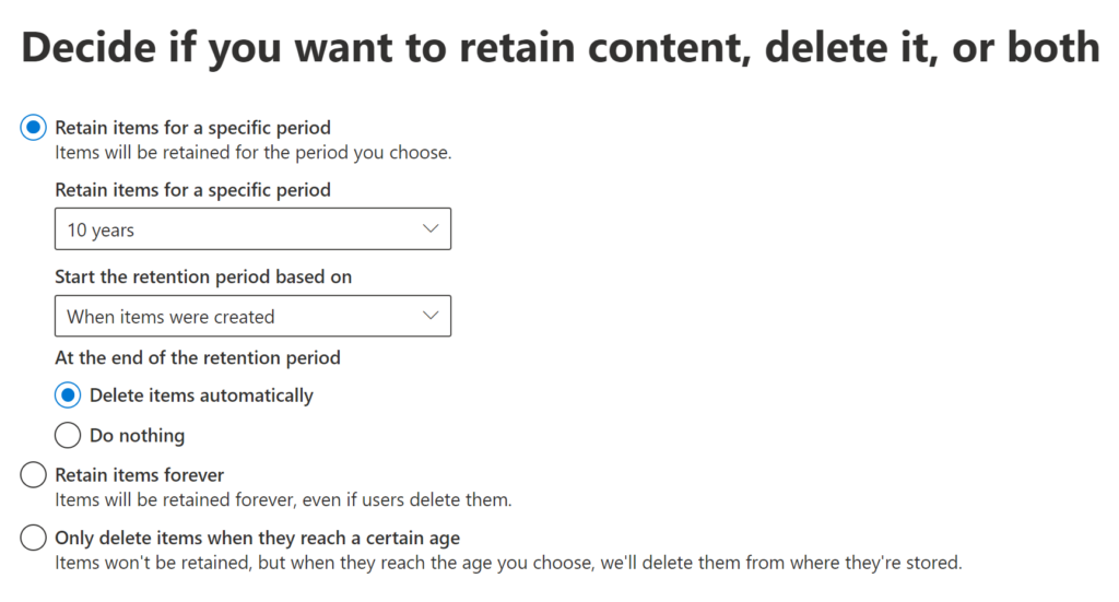 Screenshot aus Microsoft Purview: Einstellungsmöglichkeiten der Data Retention Policies