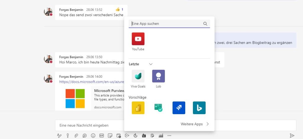 Lob-App in Microsoft Teams Chats aufrufen