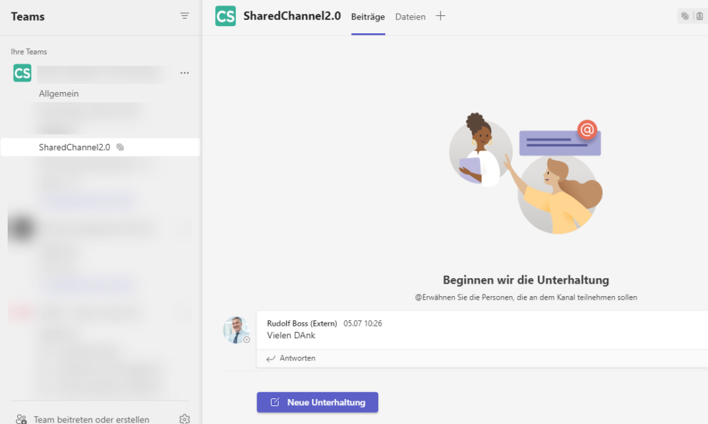 Screenshot eines fertig eingerichteten Shared Channels in Microsoft Teams.