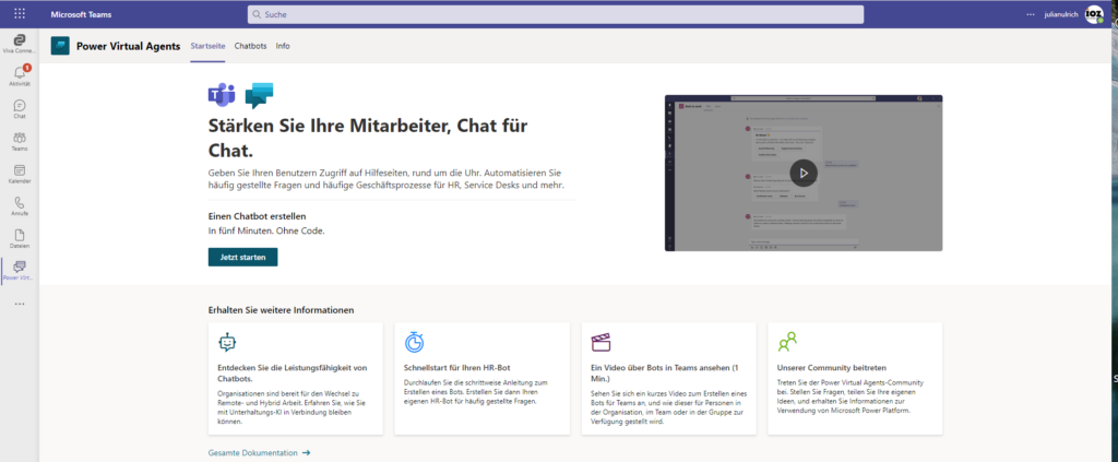 Screenshot aus Microsoft Teams mit der Startseite der Power Virtual Agents App