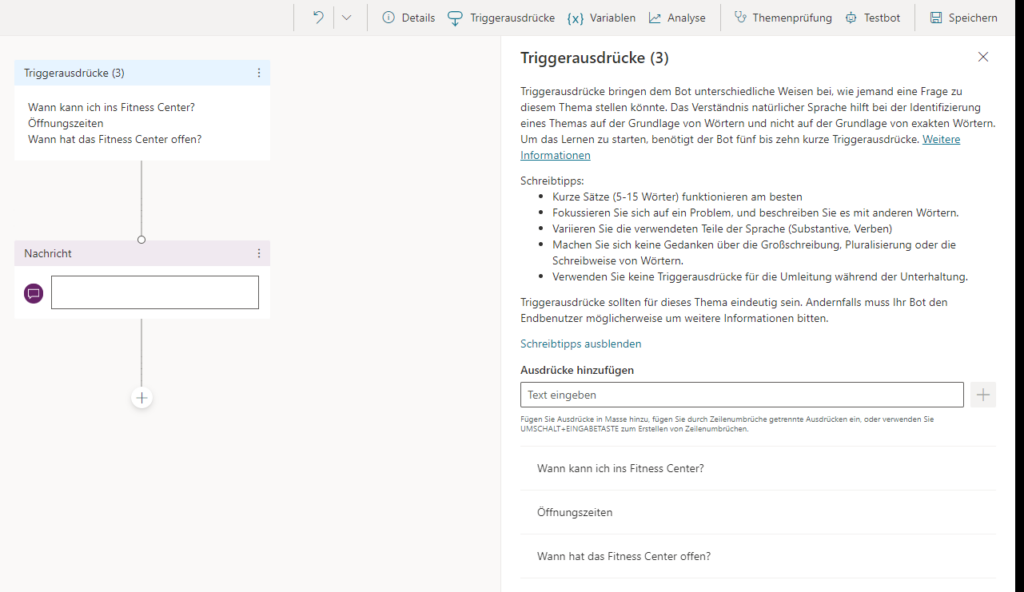 Screenshot: Thematische Trigger-Ausdrücke für Power Virtual Agents Chatbot festlegen