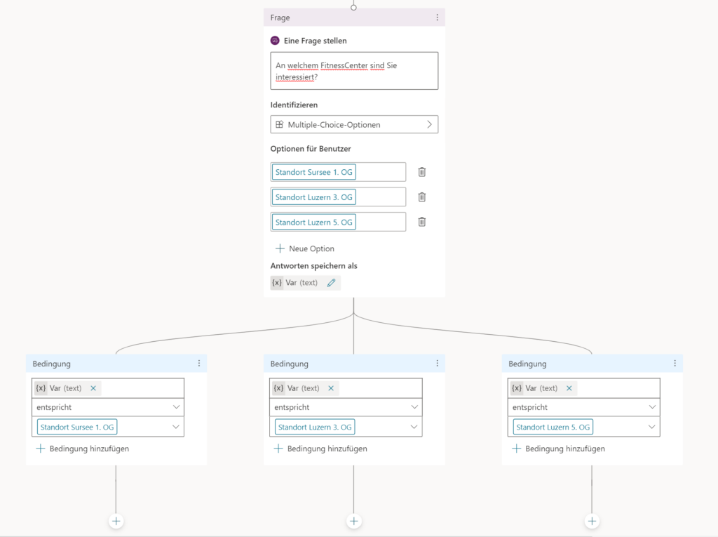 Screenshot aus Power Virtual Agents: Entsprechend der gewählten Antwortmöglichkeit folgt der Gesprächsverlauf einem neuen Pfad.